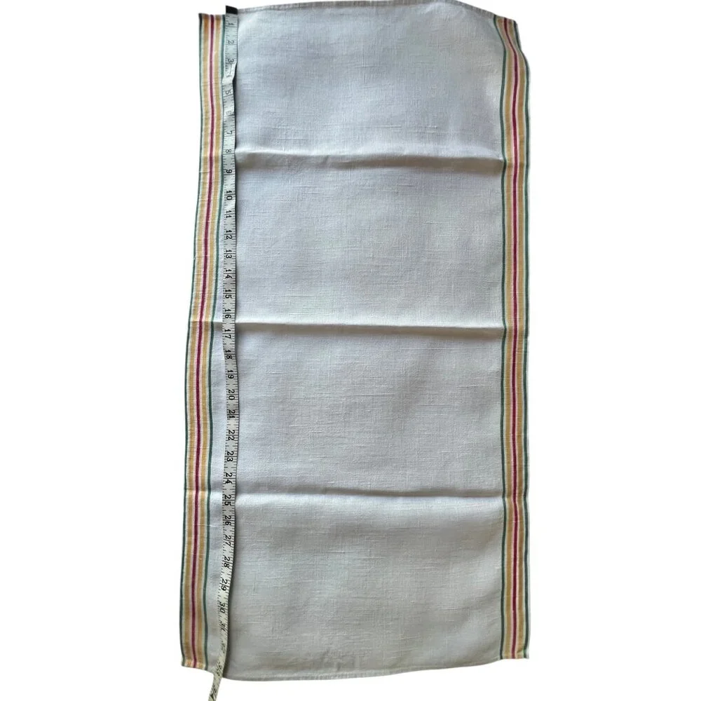 4 Vintage White Linen Cotton Dishtowels Yellow Red Green Stripes 33x17